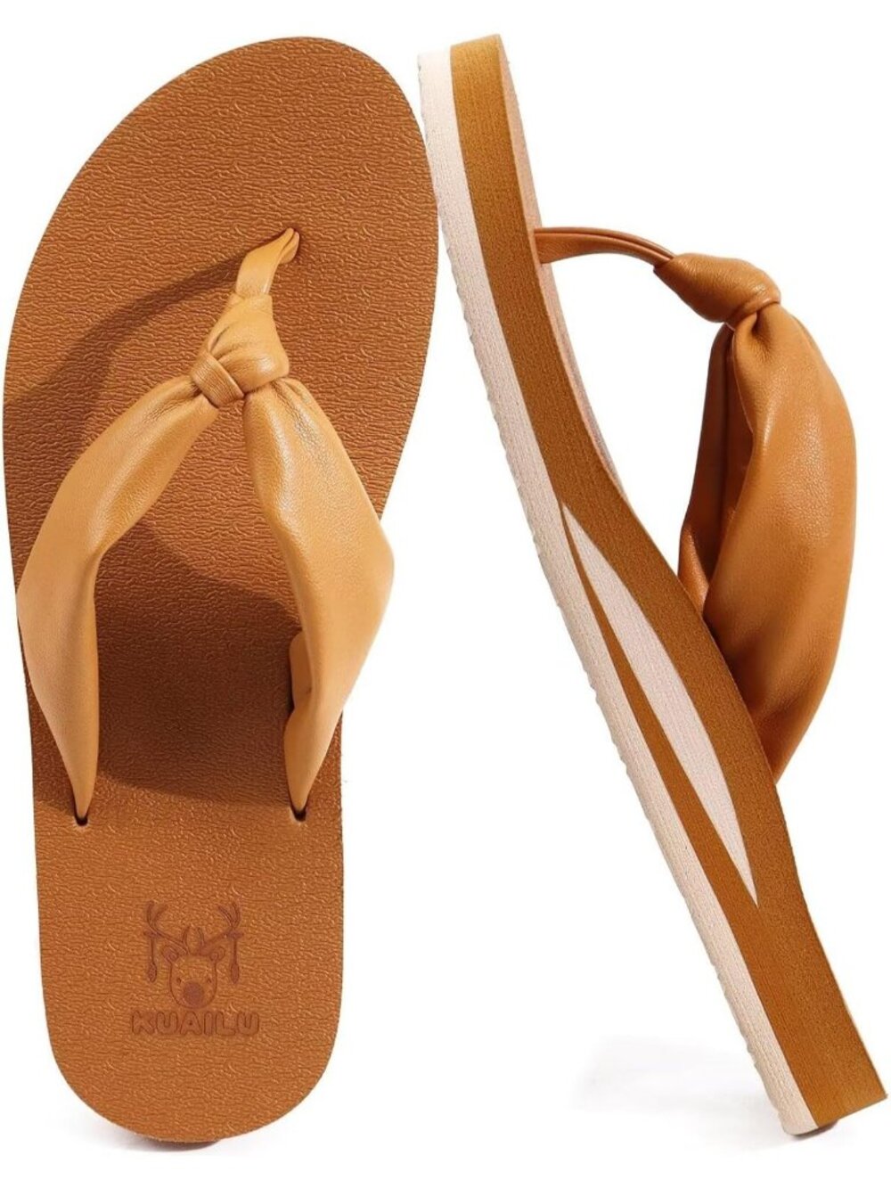 Women's Khaki Faux Leather Summer Flip Flops With Arch Support Outdoor Slippers